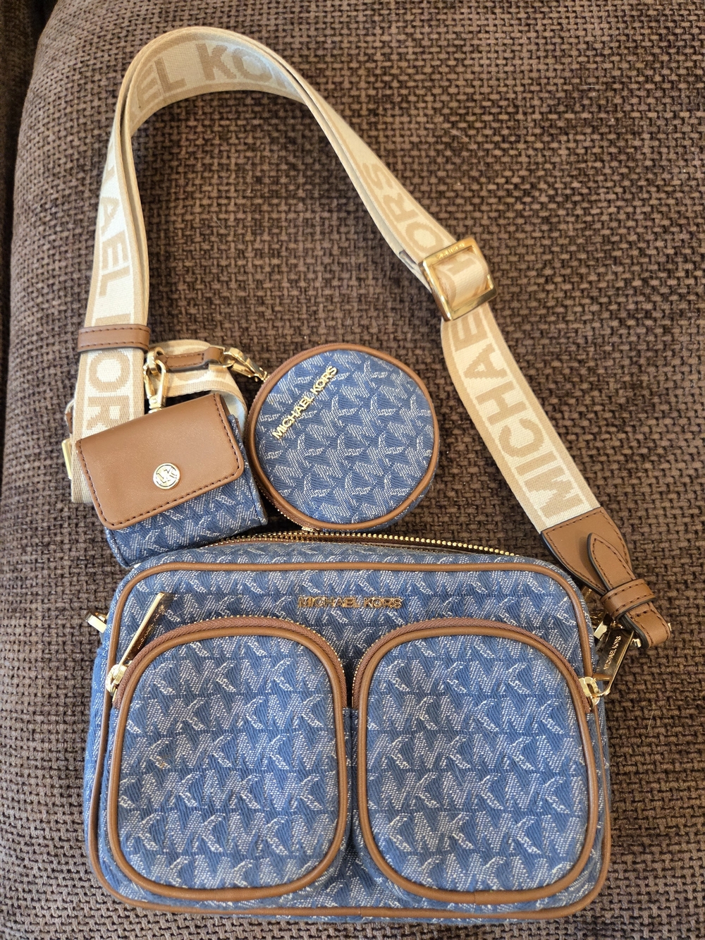 Michael Kors Blue Logo Crossbody Bag with Tan Trim